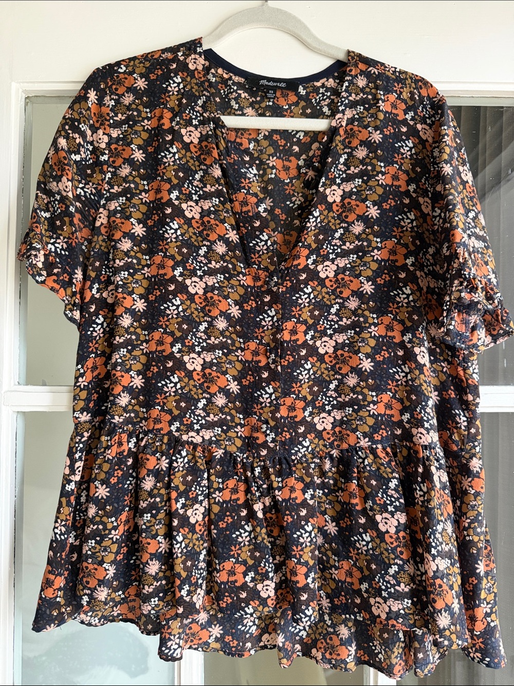 Madewell Black Floral Peplum V-Neck Top with Orange & Cream Accents